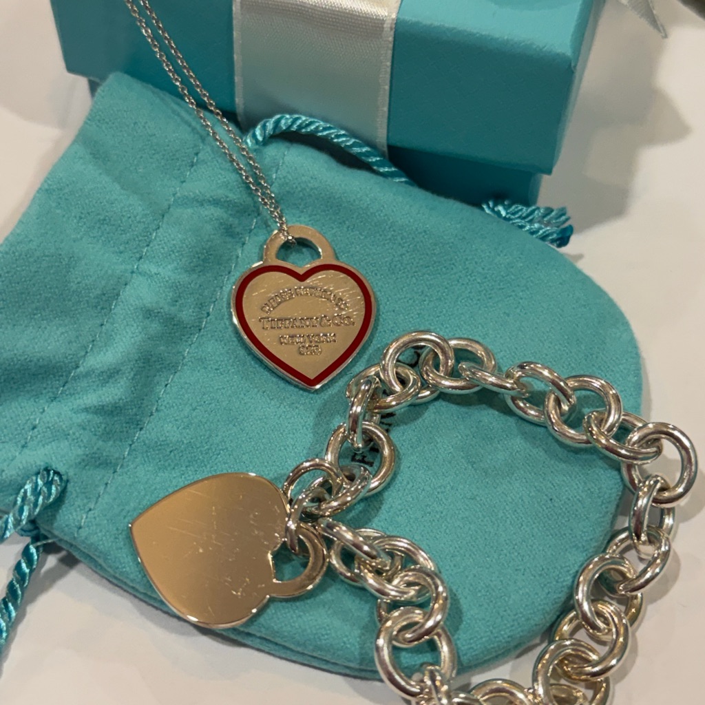 Tiffany & Co. Red And Silver Heart Necklace And Bracelet Bundle